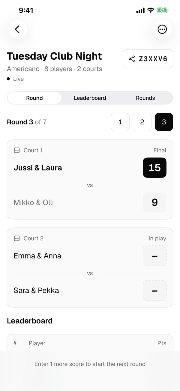 One live game: courts, rounds and scores for everyone.