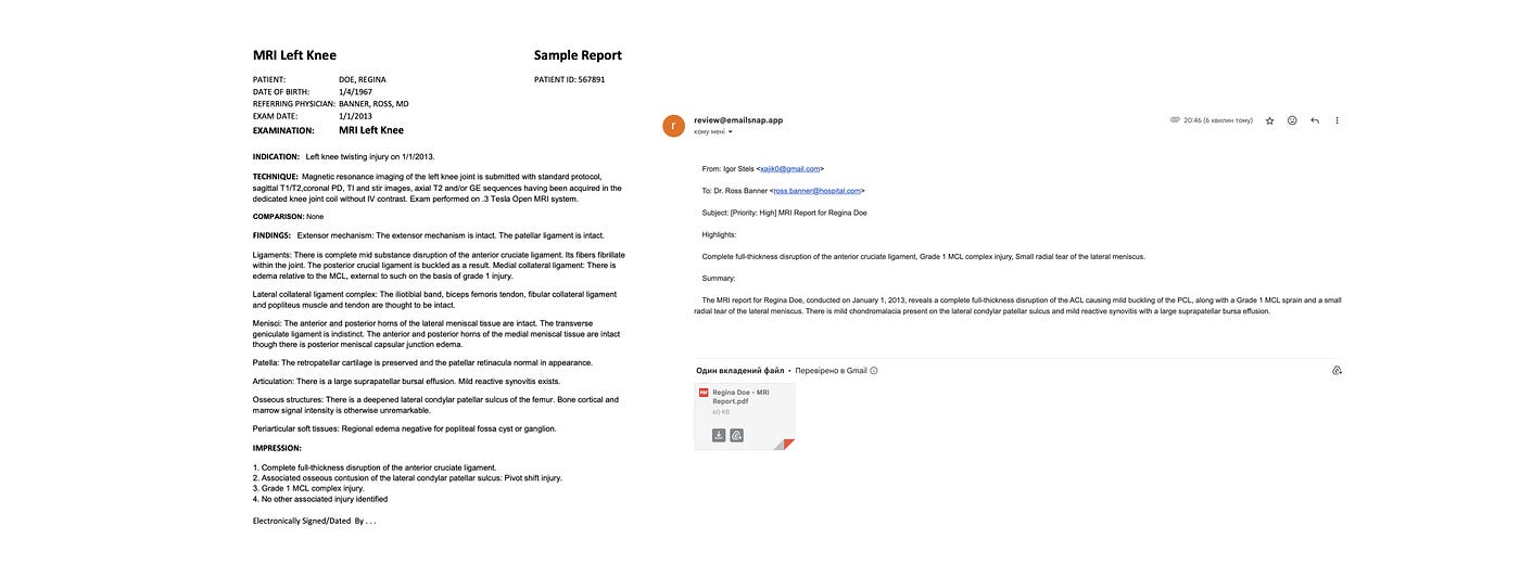 A sample MRI report PDF alongside EmailSnap's summary and renamed attachment