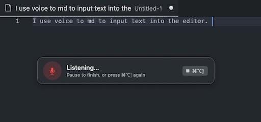 Speech to Markdown's global dictation mode listening in a text editor