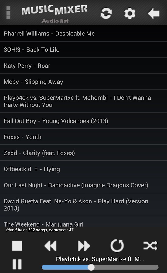 The mix: songs you both have. Here, 47 in common out of a friend's 232.
